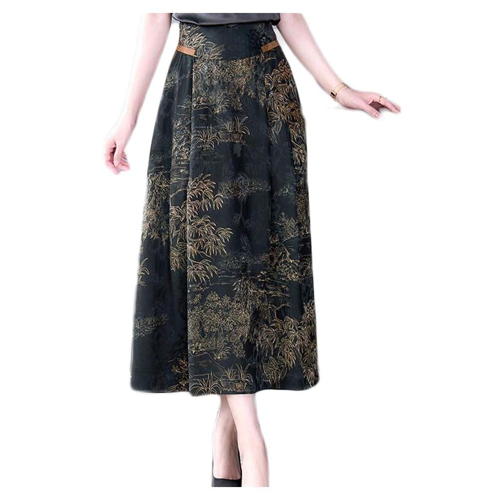 Black Ethnic Style Retro Midi Skirt Gold Jacquard Simulation Silk Yarn Long Skirt Cocktail Business Skirt