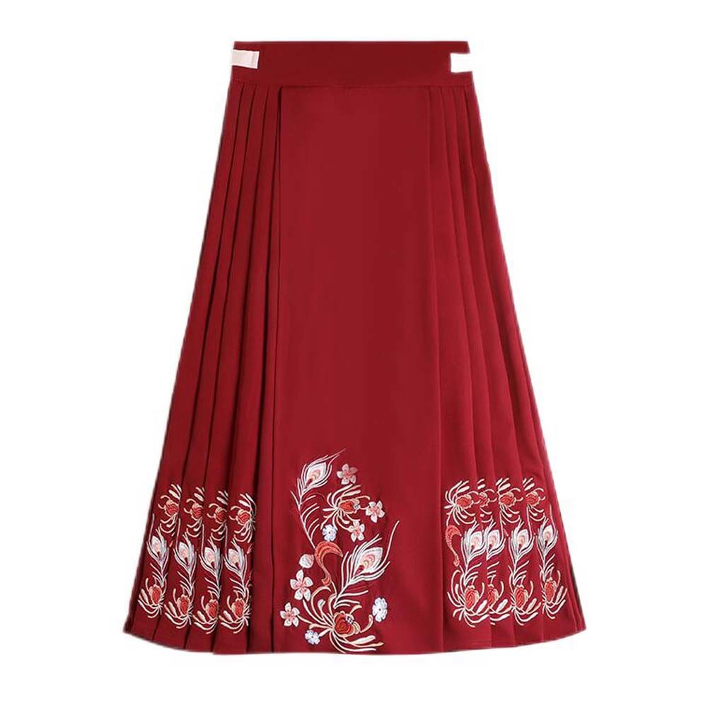 Chinese Style Ming Dynasty Hanfu Midi Skirt Improved One-Piece Horse Face Skirt Long Skirt Red Embroidery Pleated A-line Skirt