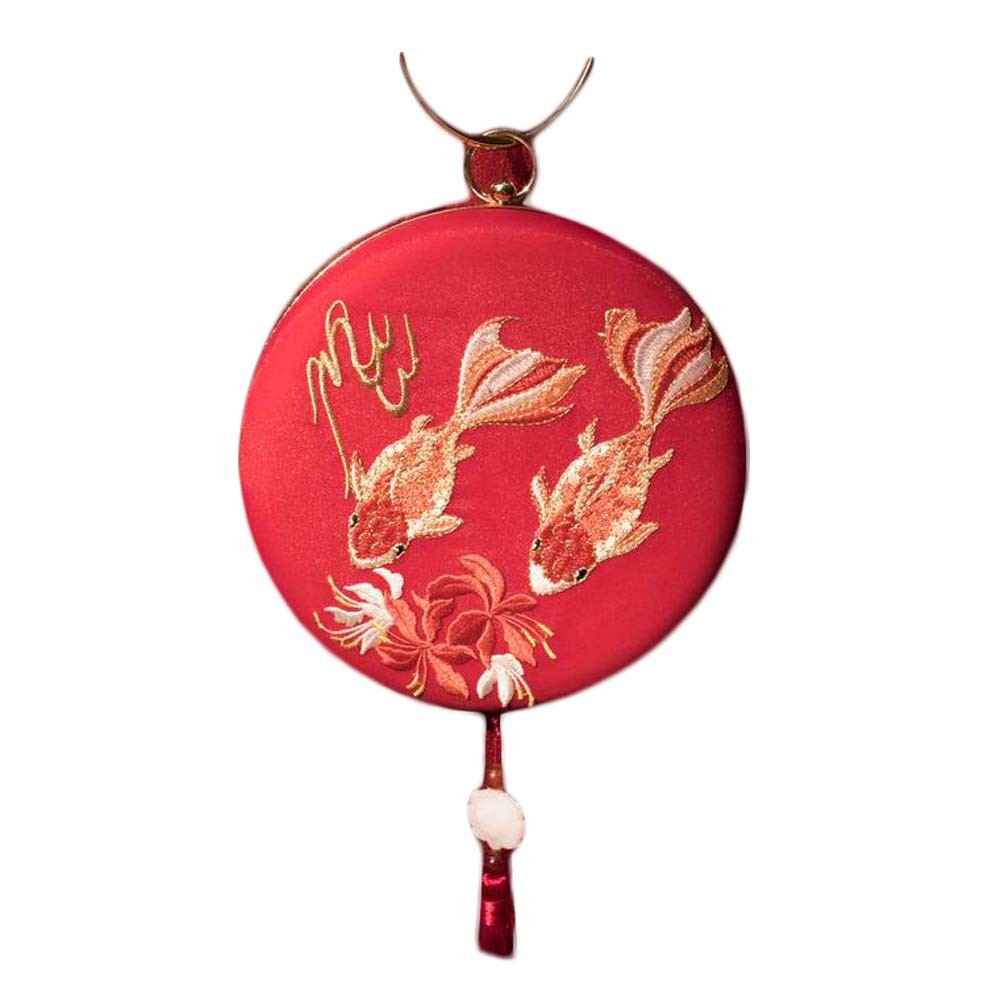 Red Carp Hanfu Crossbody Bag Chinese Style Embroidery Handbag Hard Case Retro Cheongsam Round Cell Phone Purse Chain Bag