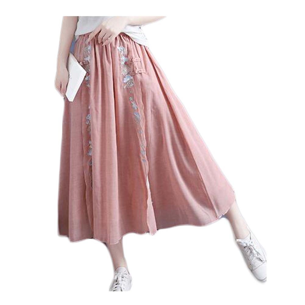 Chinese Style Embroidered Midi Skirt Two-layer Slit Vintage Long Skirt Casual Cotton Linen A-line Skirt, Pink