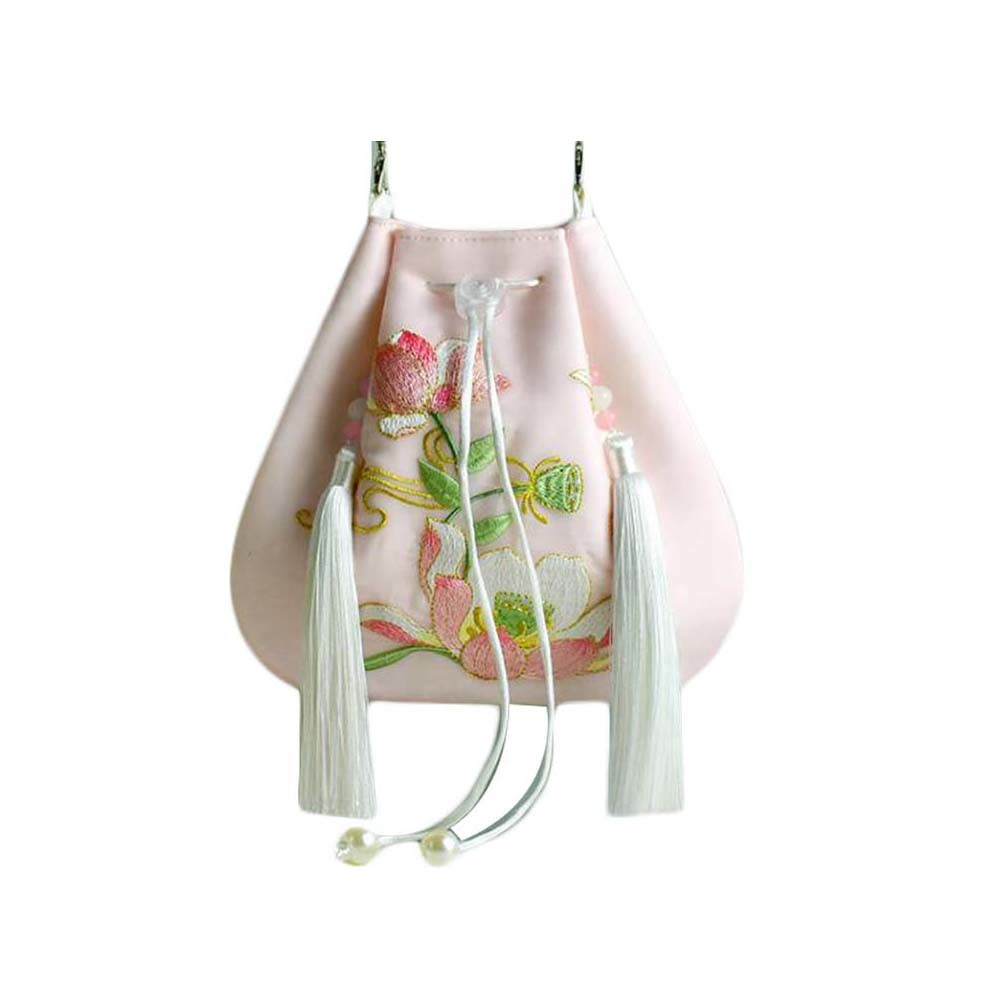 Pink Hanfu Crossbody Bag Lotus Embroidery Handbag Chinese Style Mini Mobile Canvas Purse