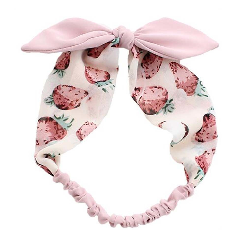 Womens Girls Linen Headband Lovely Strawberry Bowknot Headband Sweet Pink Stretchy Hairband Headwrap