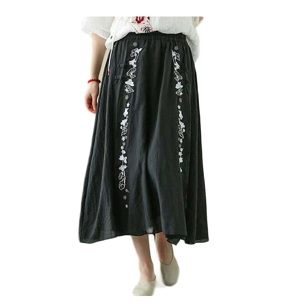 Chinese Style Embroidered Midi Skirt Two-layer Slit Vintage Long Skirt Casual Cotton Linen A-line Skirt, Black