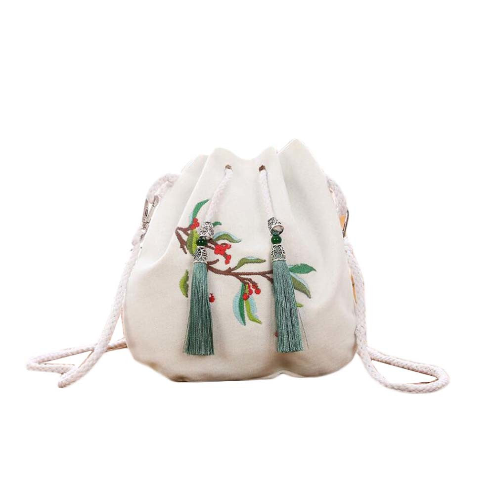 White Chinese Style Hanfu Bag Crossbody Bag Ormosia Embroidery Shoulder Bag Tassel Cell Phone Drawstring Bucket Bag