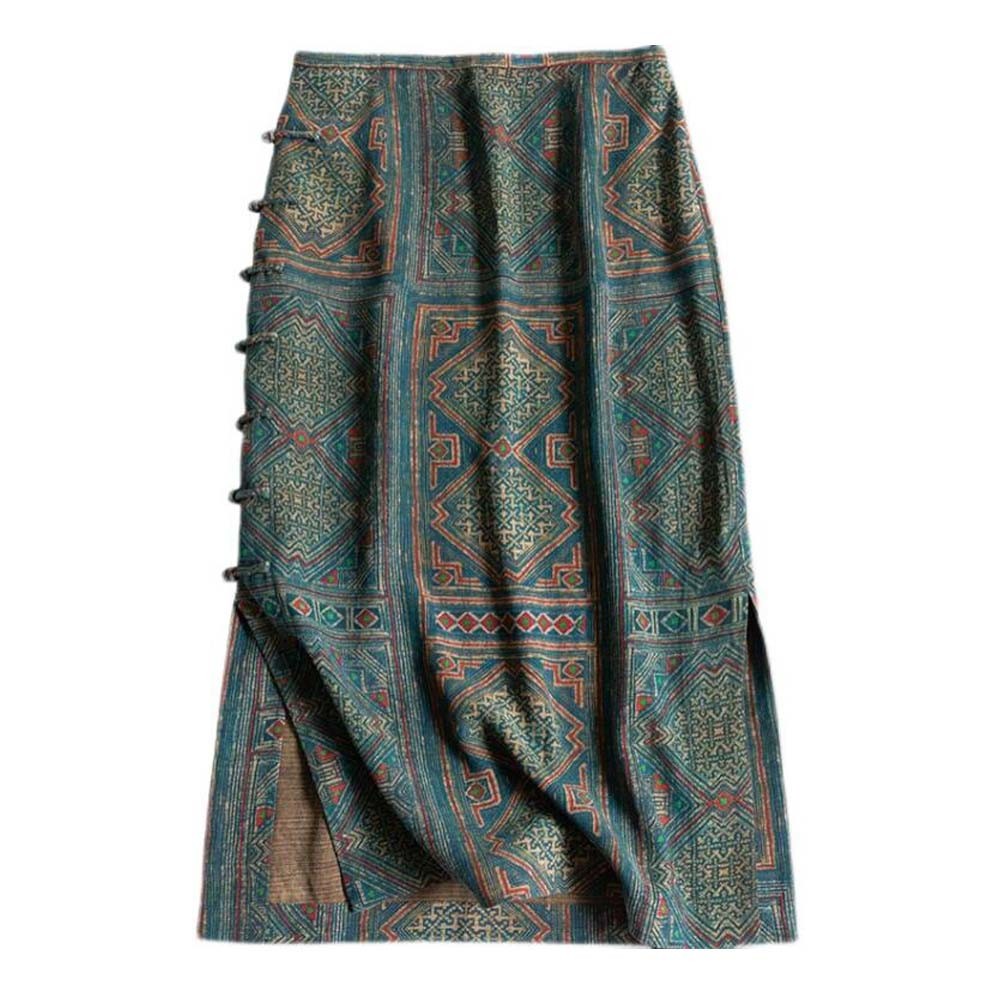 Green Vintage Ethnic Style Bodycon Midi Skirt Chinese Simulation Silk Tang Suit A-line Skirt Wrap Skirt Pencil Skirt