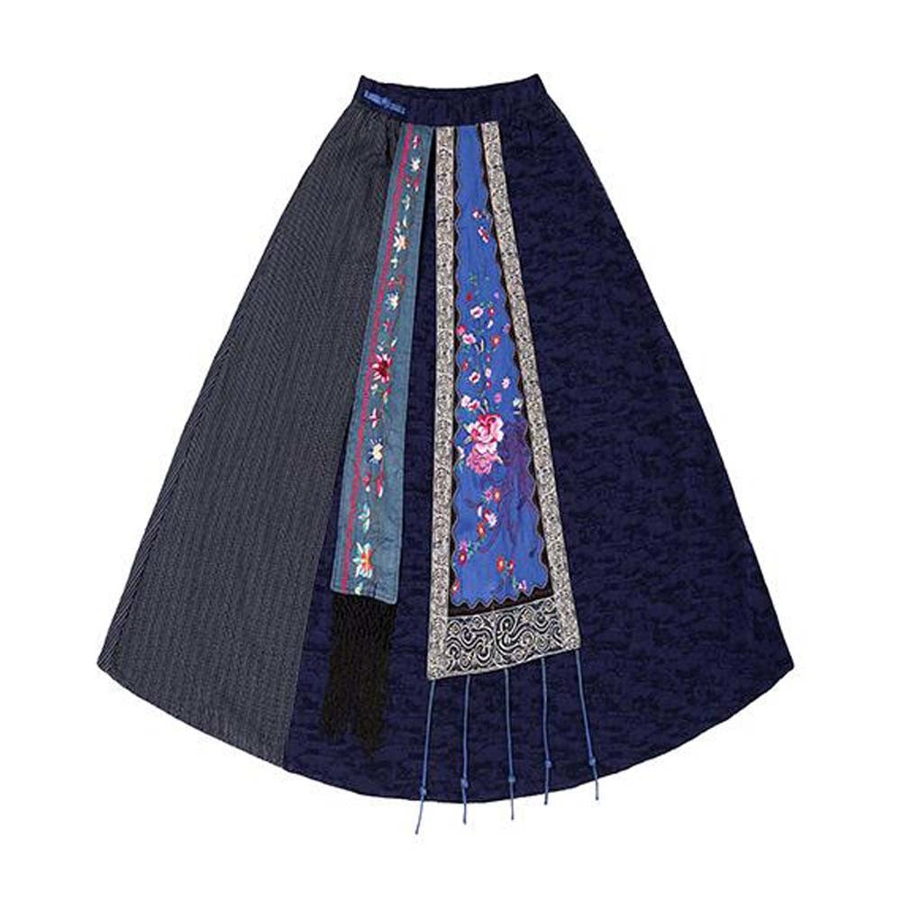 Purple Ethnic Style Embroidered Midi Skirt Patchwork Vintage Linen Long Skirt High Waist Holiday Skirt for Women