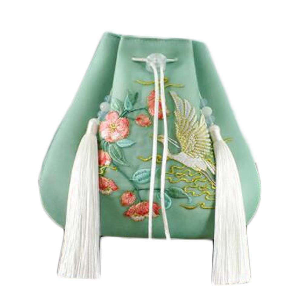 Green Hanfu Crossbody Bag Egret Embroidery Handbag Chinese Style Mini Mobile Canvas Purse