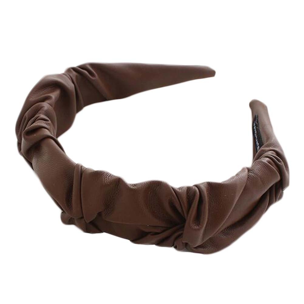 Brown PU Leather Pleated Wide Headband Womens Simple Hairband Hair Accessories