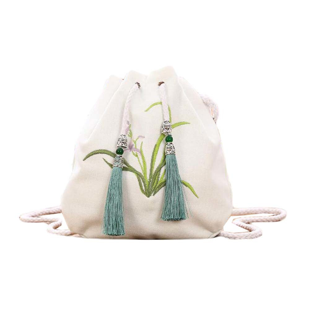 White Chinese Style Hanfu Bag Crossbody Bag Orchid Embroidery Shoulder Bag Tassel Cell Phone Drawstring Bucket Bag