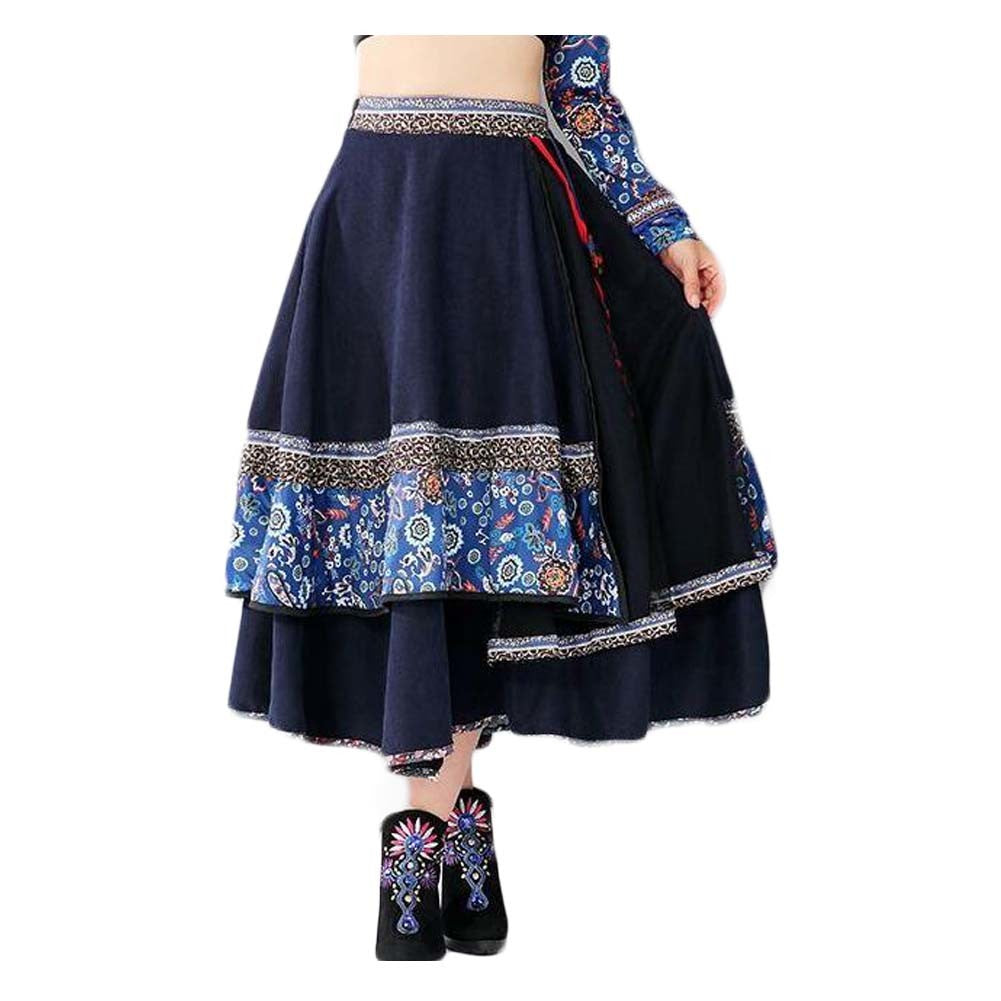 Women's Retro Midi Skirt Ethnic Style Printed A-line Blue Skirt High Waist Multi-layer Long Skirt