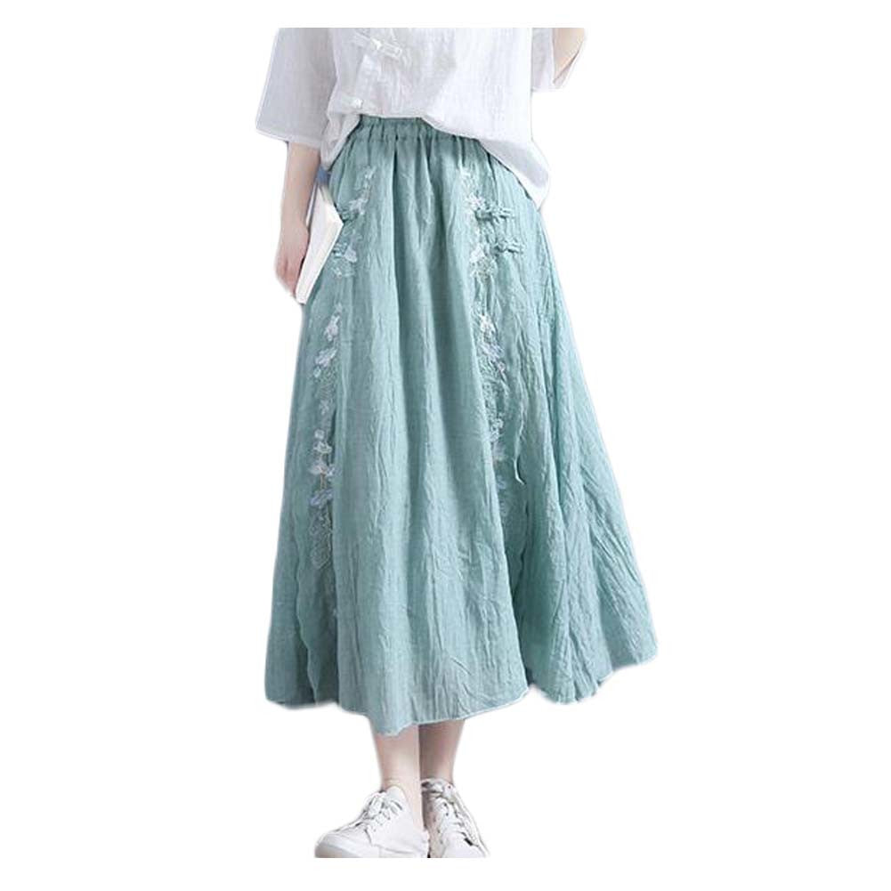 Chinese Style Embroidered Midi Skirt Two-layer Slit Vintage Long Skirt Casual Cotton Linen A-line Skirt, Green