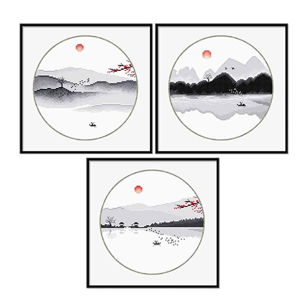 3 Pcs Chinese Ink Painting DIY Pre-Printed Cross Stitch Kits Easy Embroidery Craft,12x12 inch