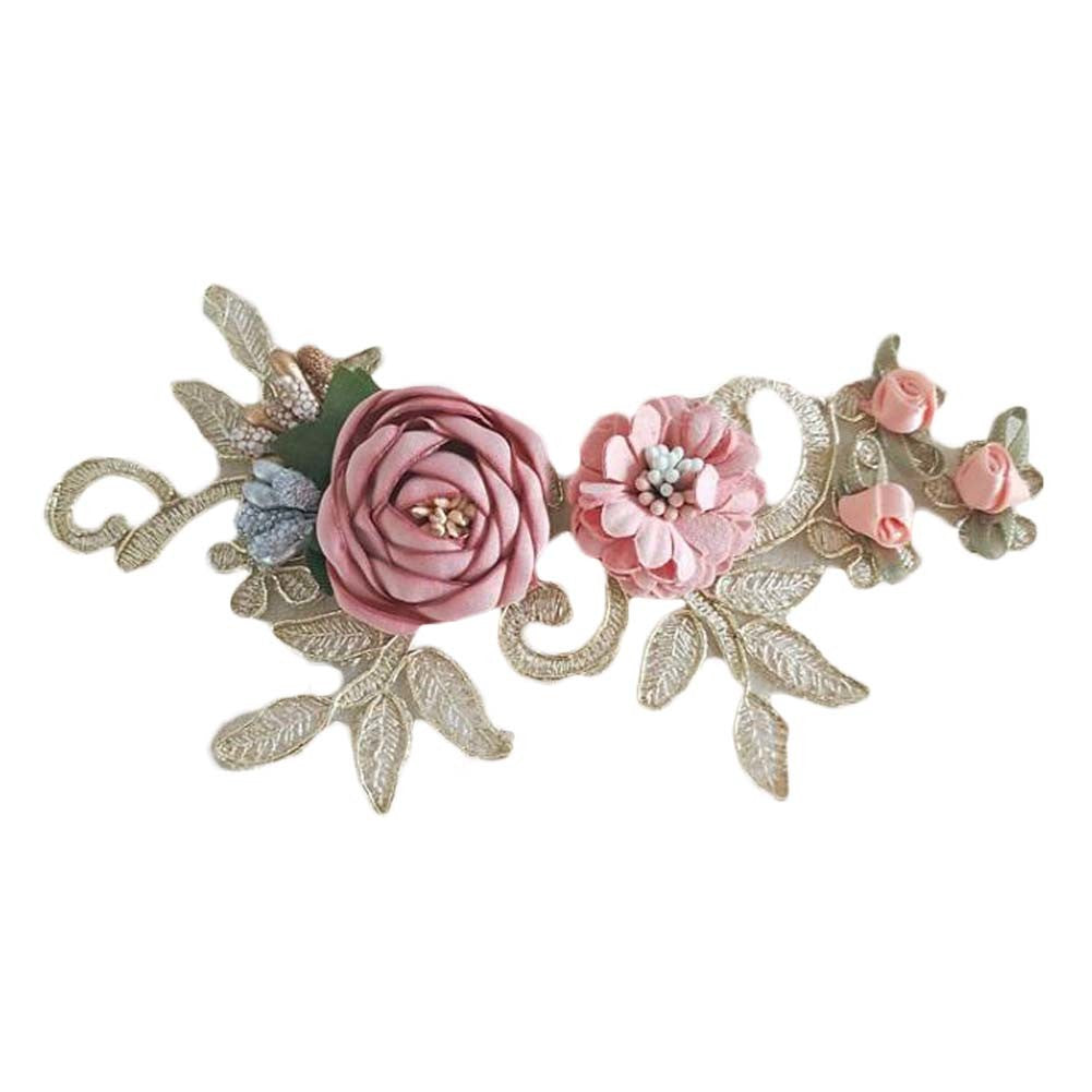 1 Piece Gold Pink Rose Embroidery Applique Patches 3D Lace Wedding Evening Gown Headdress Applique Patch Accessories