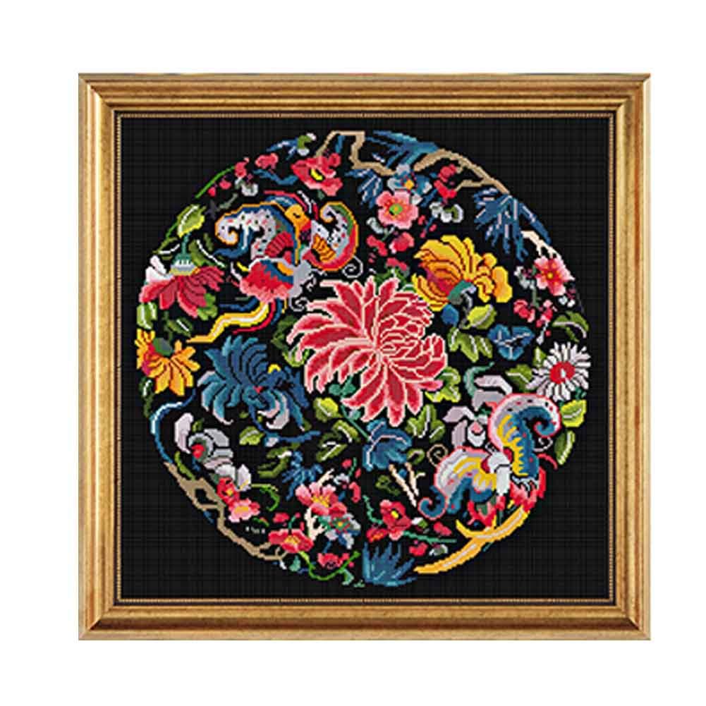 Chinese Style Chrysanthemum DIY Pre-Printed Cross Stitch Kits Black Embroidery Wall Decor, 20x20 inch