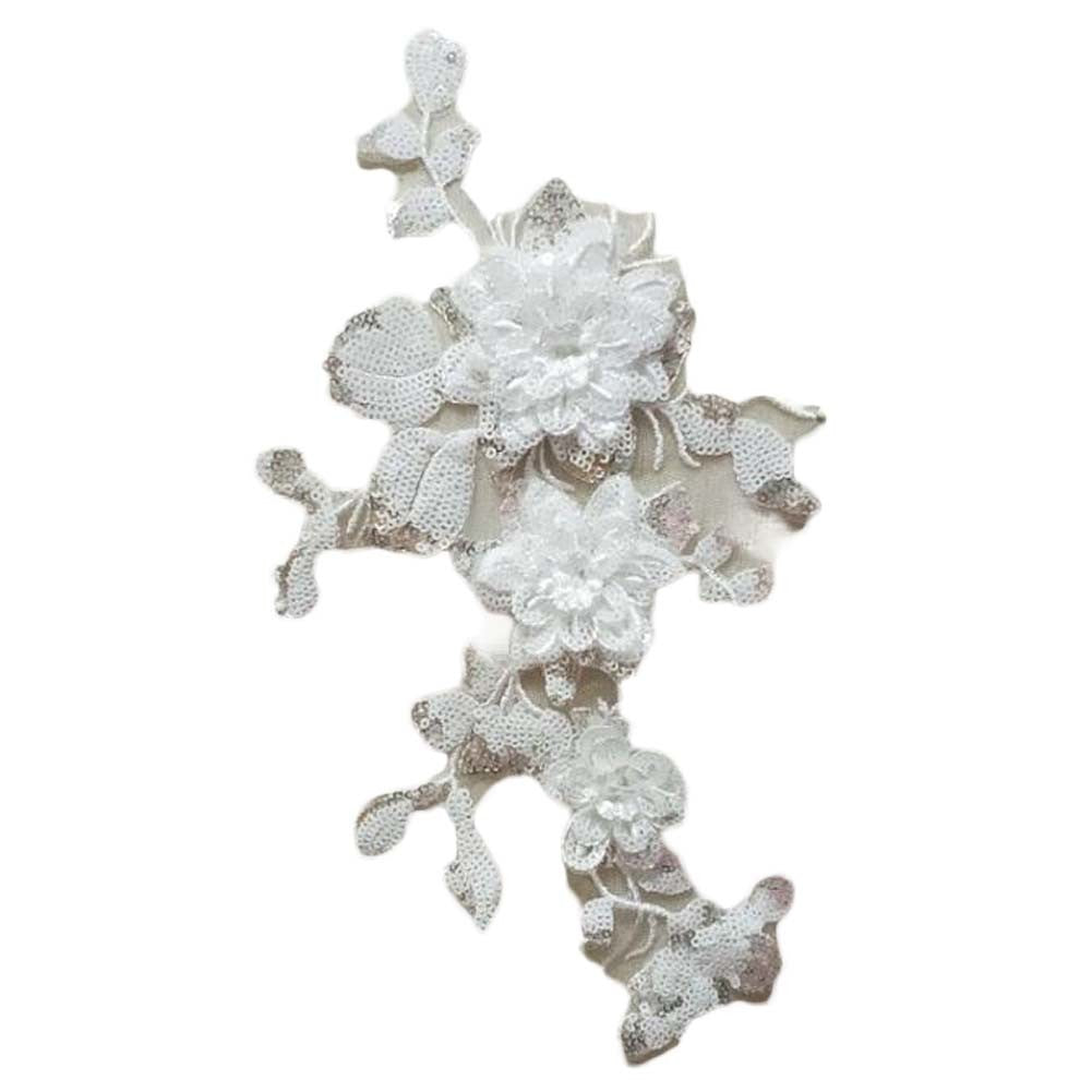 1 Piece 3D White Flower Sequin Applique Patches DIY Sewing Lace Wedding Dress Performance Costumes Lace Patch