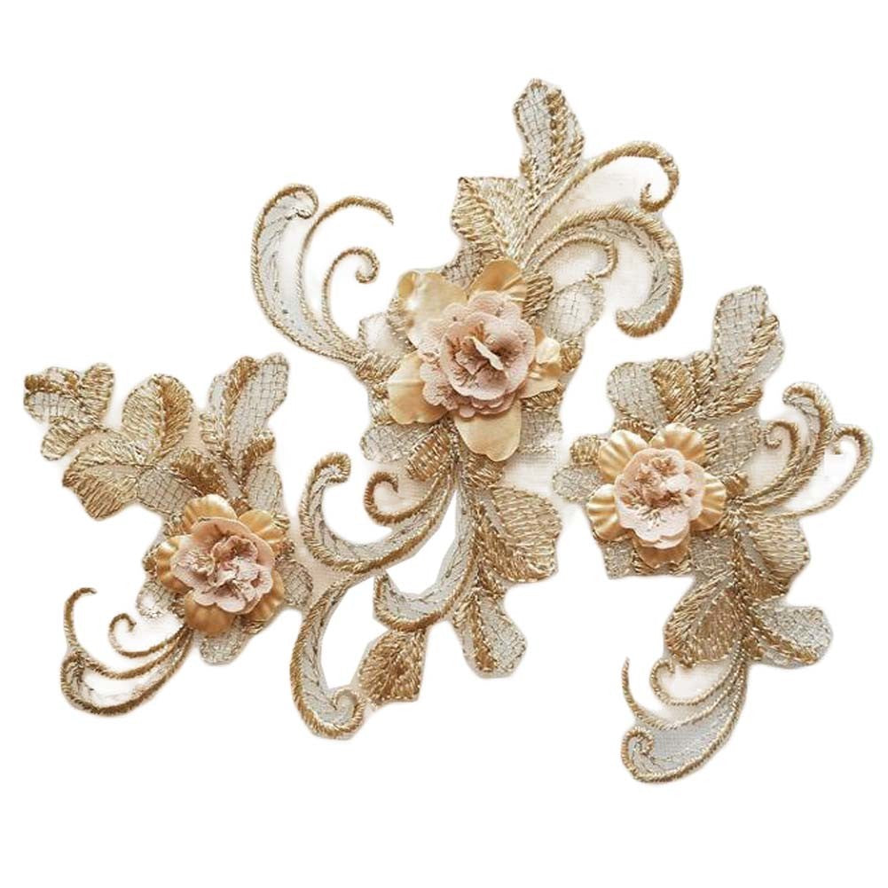 2 Pcs 3D Flower Embroidery Applique Patch DIY Lace Sweater Jacket Dress Patches Sewing Accessories, Gold