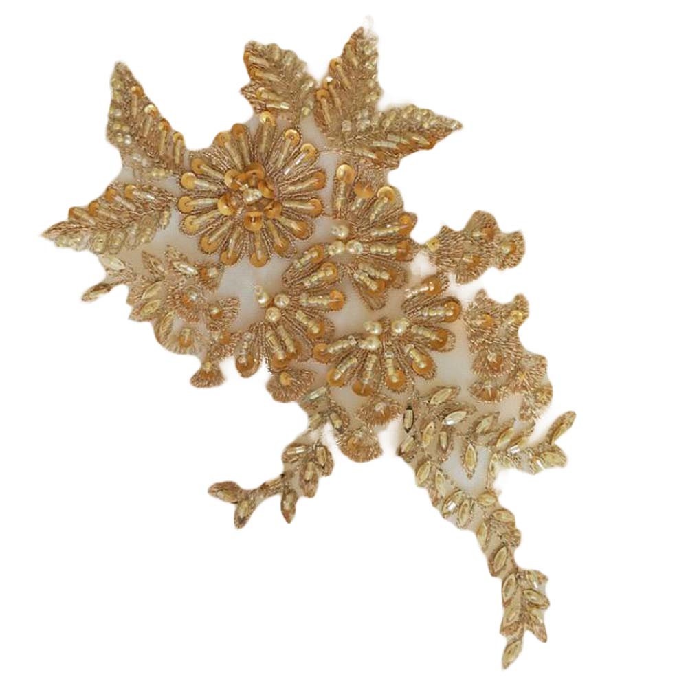 2 Pcs Flower Sequin Beaded Applique Patches DIY Sewing Embroidery Lace Wedding Dress Patches, Gold