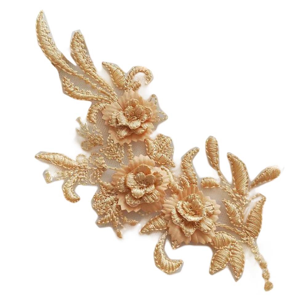 4 Pcs 3D Gold Flower Applique Patches Embroidery Lace Patches Bridal Wedding Dress DIY Sewing Clothing Accessories