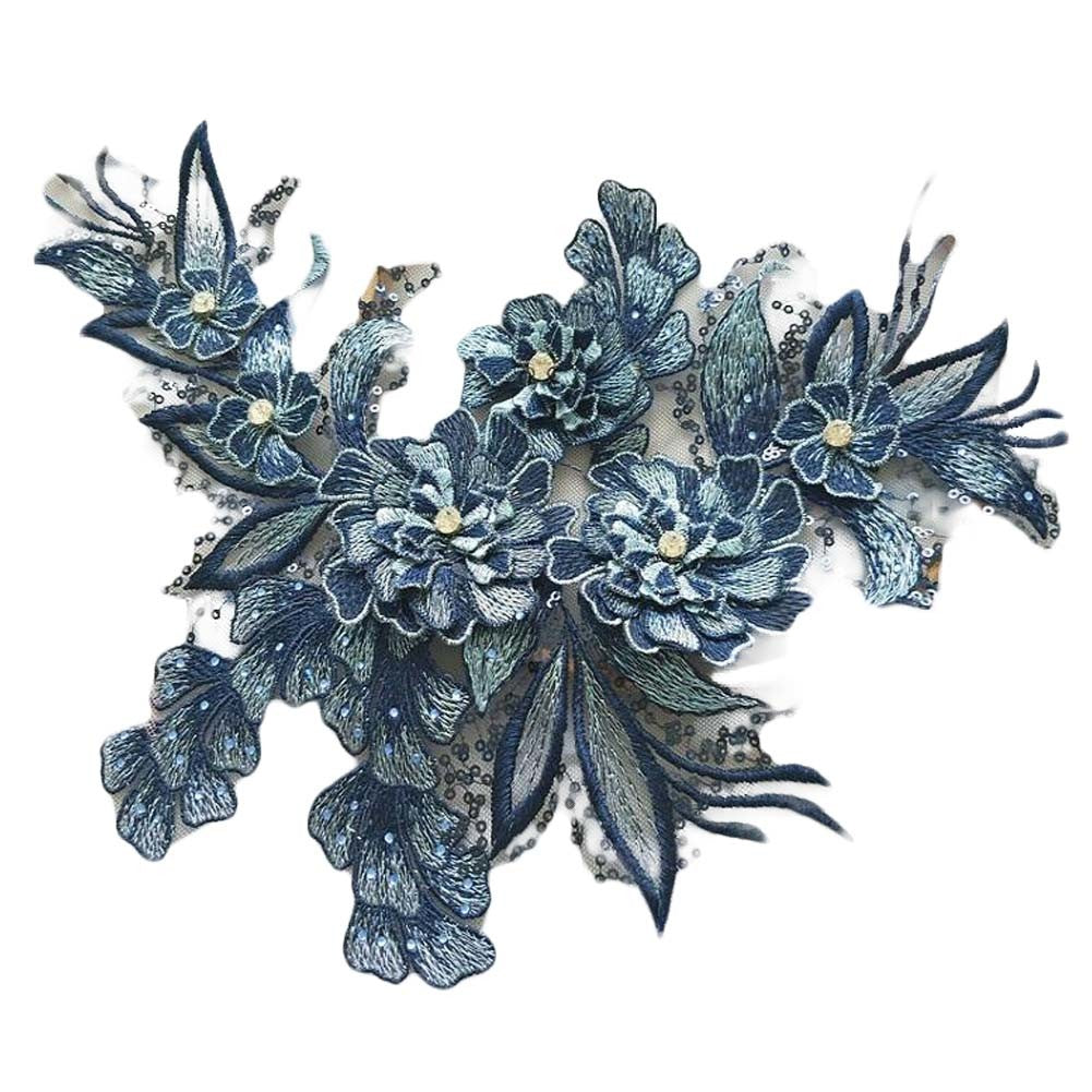 1 Piece 3D Floral Embroidered Applique Patches Sequin Beaded Lace Patch DIY Wedding Dress Sewing Patches, Navy Blue