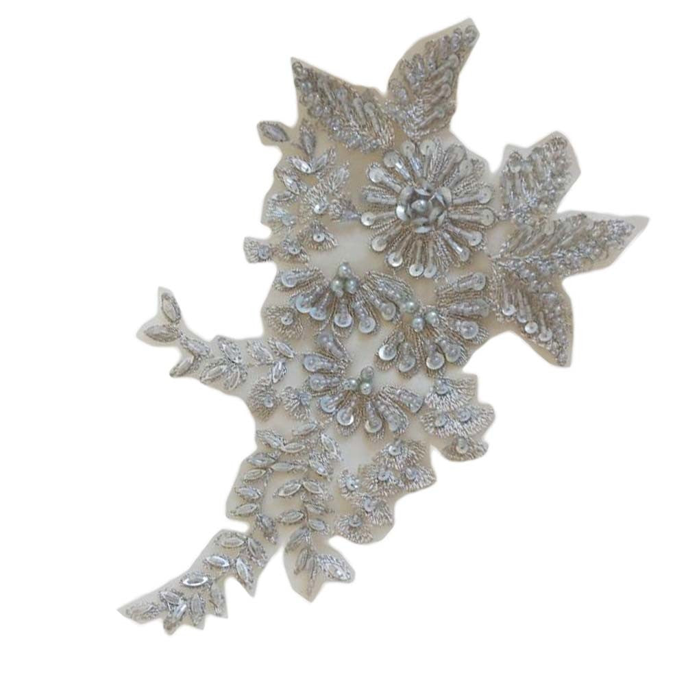 2 Pcs Flower Sequin Beaded Applique Patches DIY Sewing Embroidery Lace Wedding Dress Patches, Grey