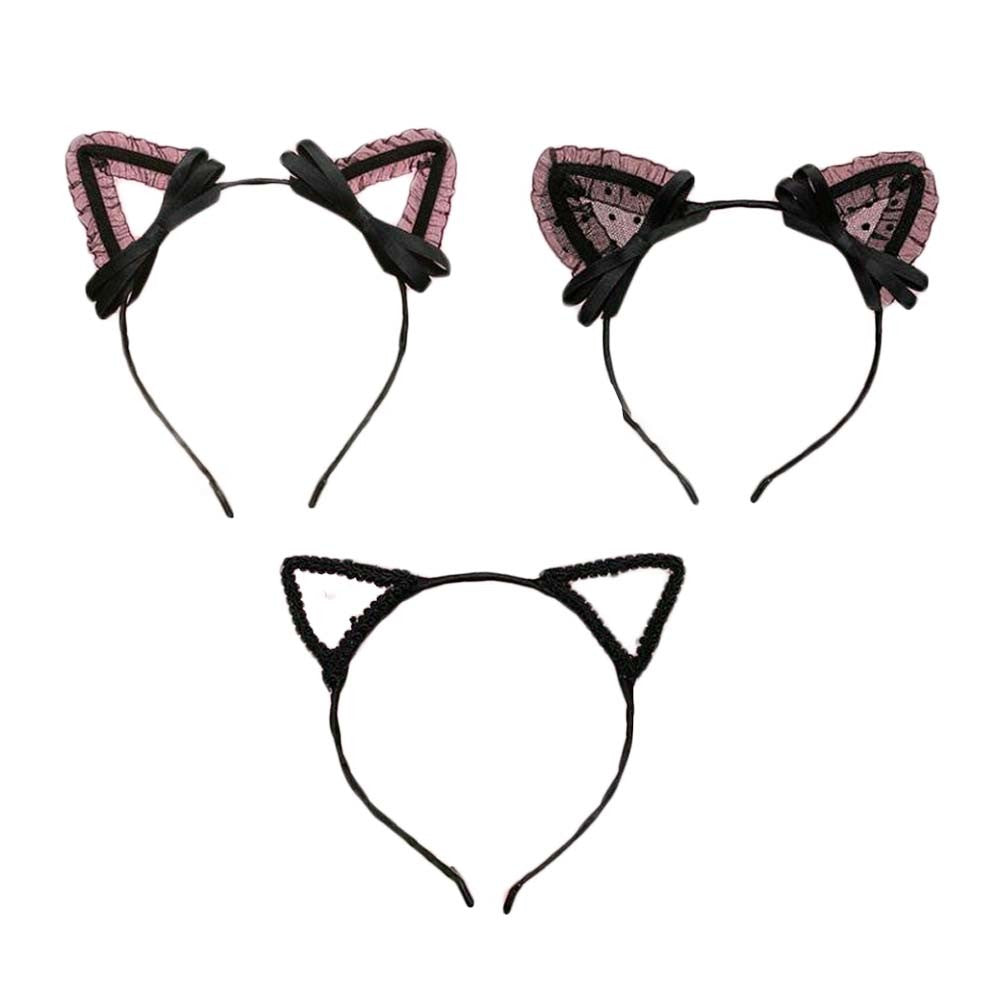 3 Pcs Random Style Black Lace Cat Ear Hairband Masquerade Halloween Party Cosplay Costume Headband