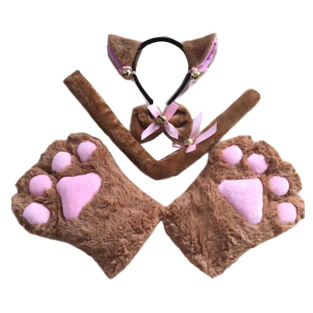 Brown Cat Cosplay Costume Set Kitten Tail Cat Ears Headband Collar Cat Paws Gloves Anime Gothic Halloween Costume Dress Up