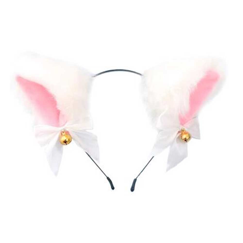 White Animal Faux Fur Cat Ears Headband with Bell Bowknot Cute Fox Dog Ears Headband Halloween Cosplay Costume Party Headbands