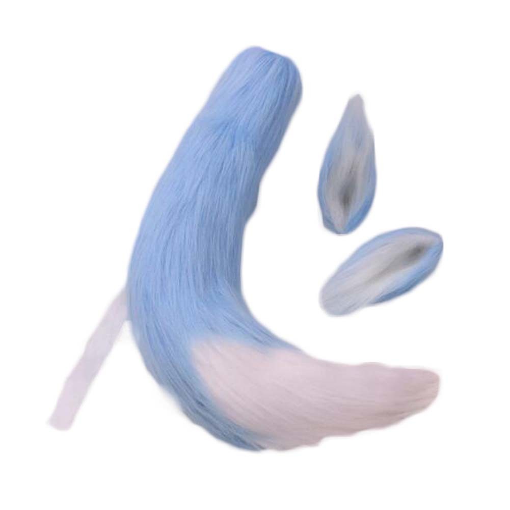 Blue White Plush Fox Tail Ears Set Cosplay Fluffy Animal Tail Ears Hair Clips Halloween Christmas Party Costume