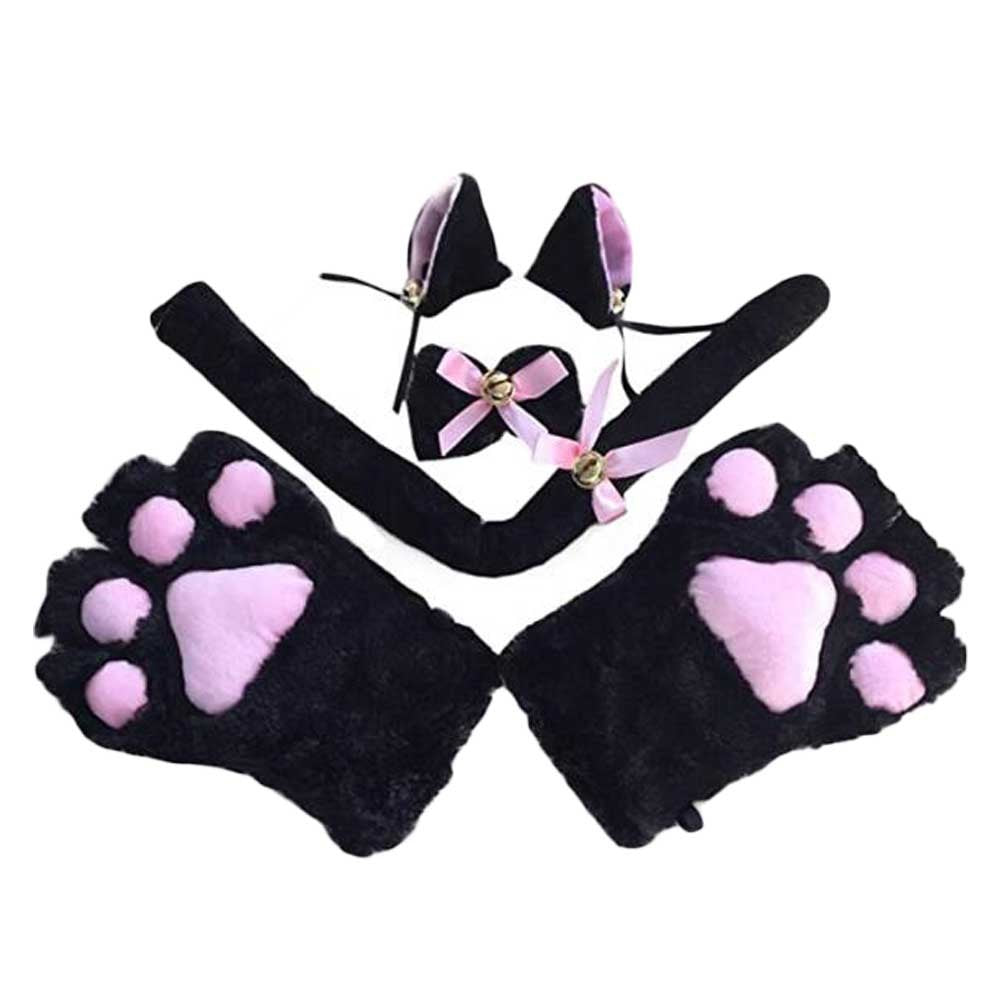 Black Cat Cosplay Costume Set Cat Tail Ears Hair Clips Plush Bell Bow Tie Cat Paws Gloves Anime Halloween Costume Dress Up