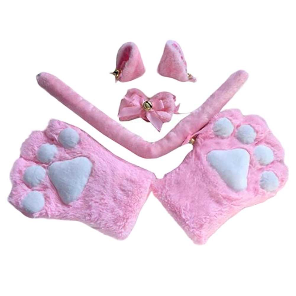 Pink Cat Cosplay Costume Set Cat Tail Ears Hair Clips Plush Bell Bow Tie Cat Paws Gloves Anime Halloween Costume Dress Up