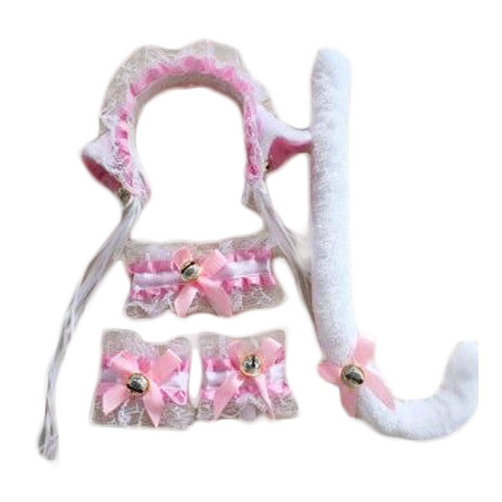 Pink Cat Maid Cosplay Costume Set Cat Tail Lace Cat Ears Headband Collar Bracelet Anime Halloween Costume Dress Up