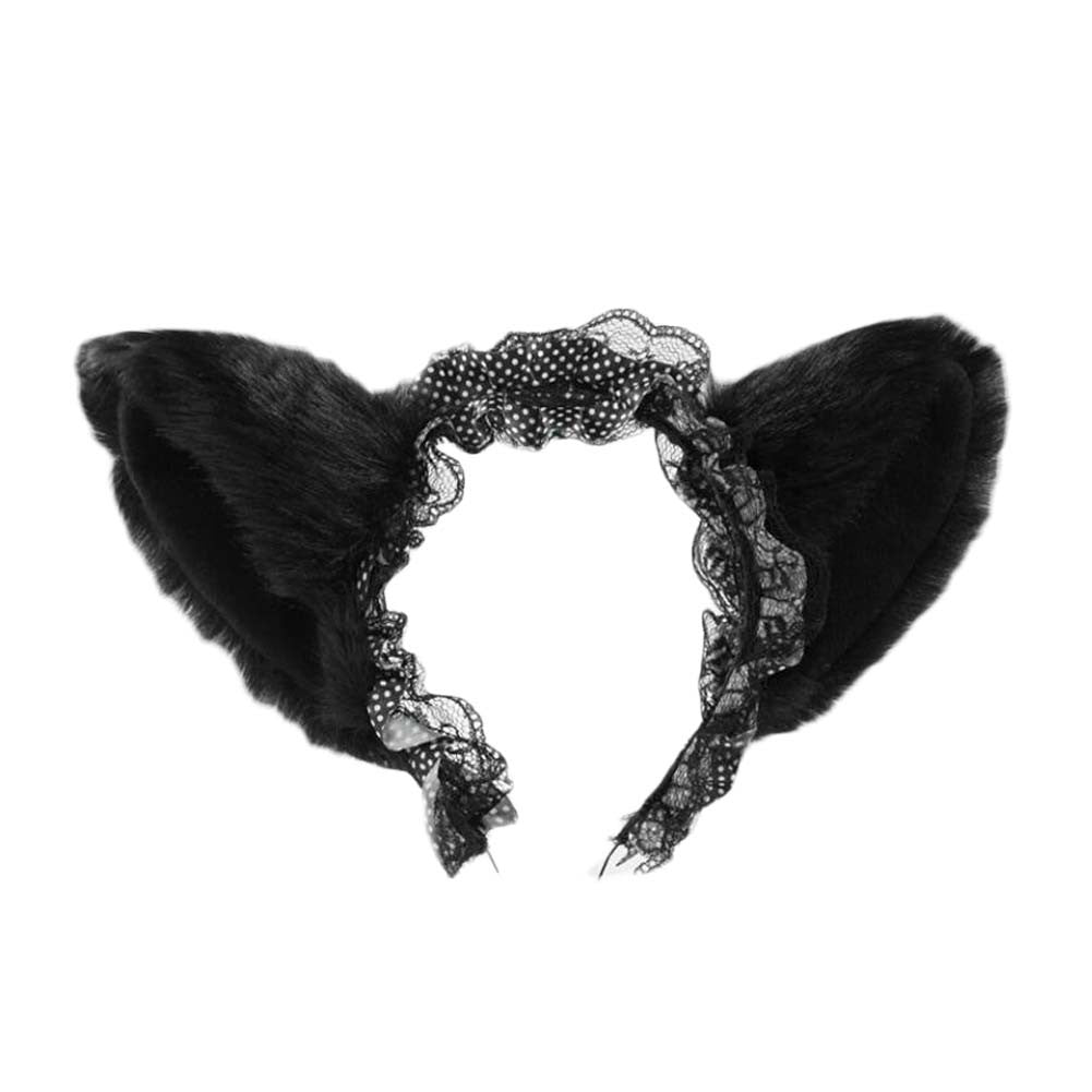 Black Plush Lace Cat Ears Headband Animal Fox Ears Hairhoop Halloween Party Dress Up Cosplay Costume Hairband