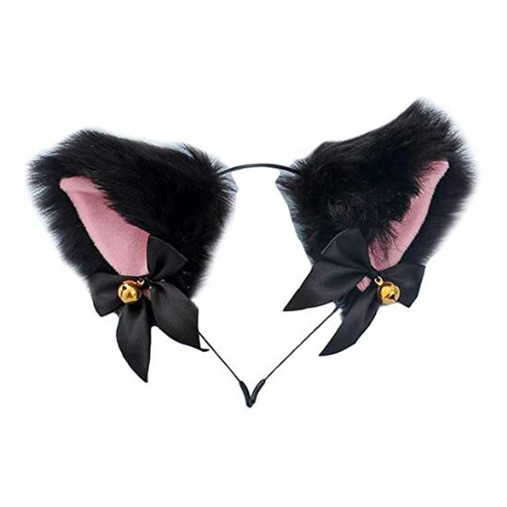 Black Animal Faux Fur Cat Ears Headband with Bell Bowknot Cute Fox Dog Ears Headband Halloween Cosplay Costume Party Headbands