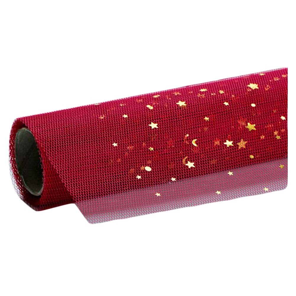 1 Roll Foil Star Moon Gauze Flower Wrapping Paper Bouquet Packaging Lining Florist Paper Supplies Gift Wrapping, Wine Red