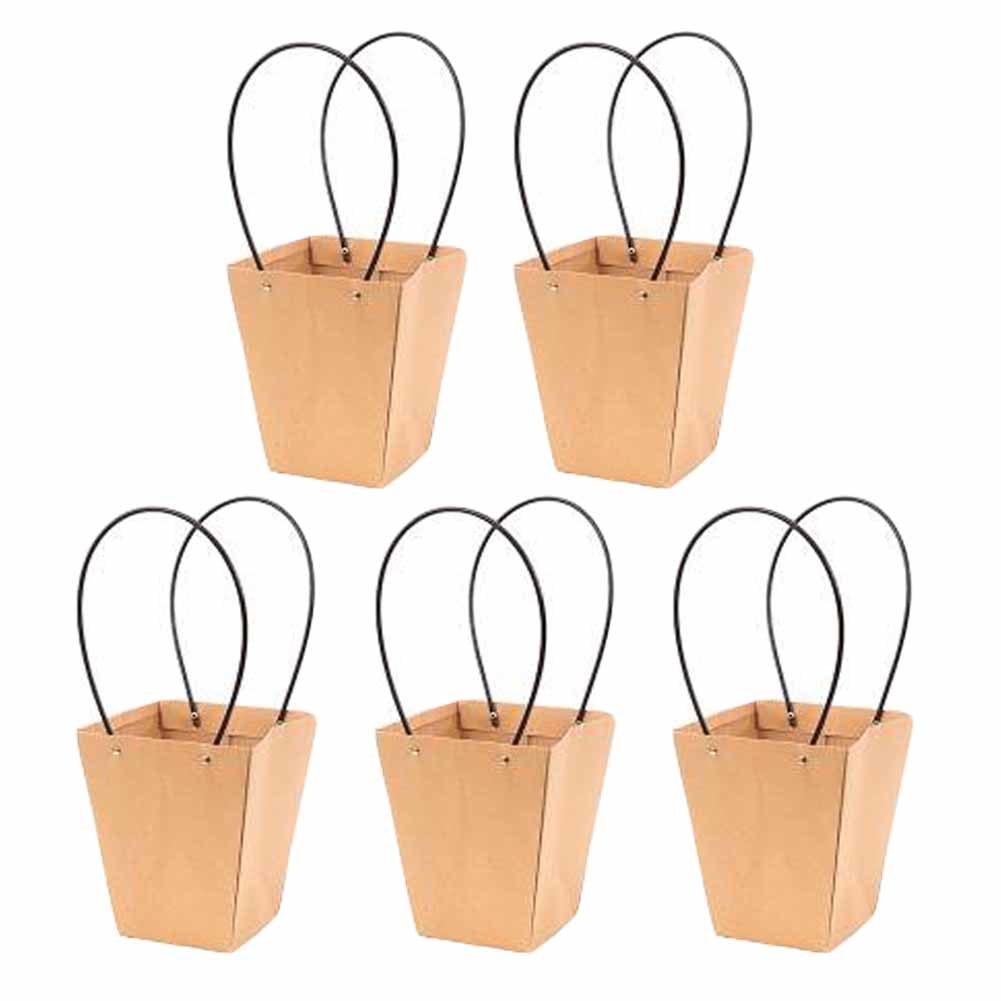 5 Pcs Kraft Paper Trapezoid Potted Plant Tote Flower Bags Bouquet Packaging Paper Box Flower Arrangement Supplies, 7.8x4.5 inch