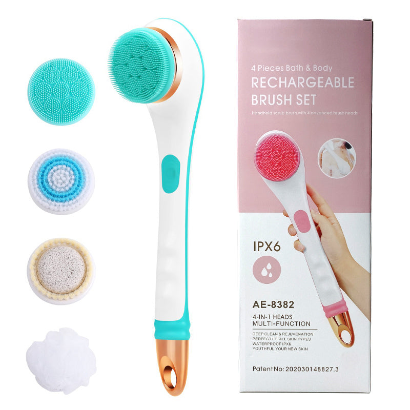 Silicone Bath Brush 4 in 1 Electric Back Scrubber 4 Brush Heads USB Rechargeable Rotating Shower Massager with 2 Speeds