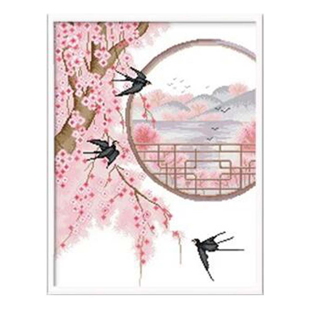 11 CT Chinese Style Swallow and Plum Blossom DIY Pre-Printed Cross Stitch Kits,16x21 inch