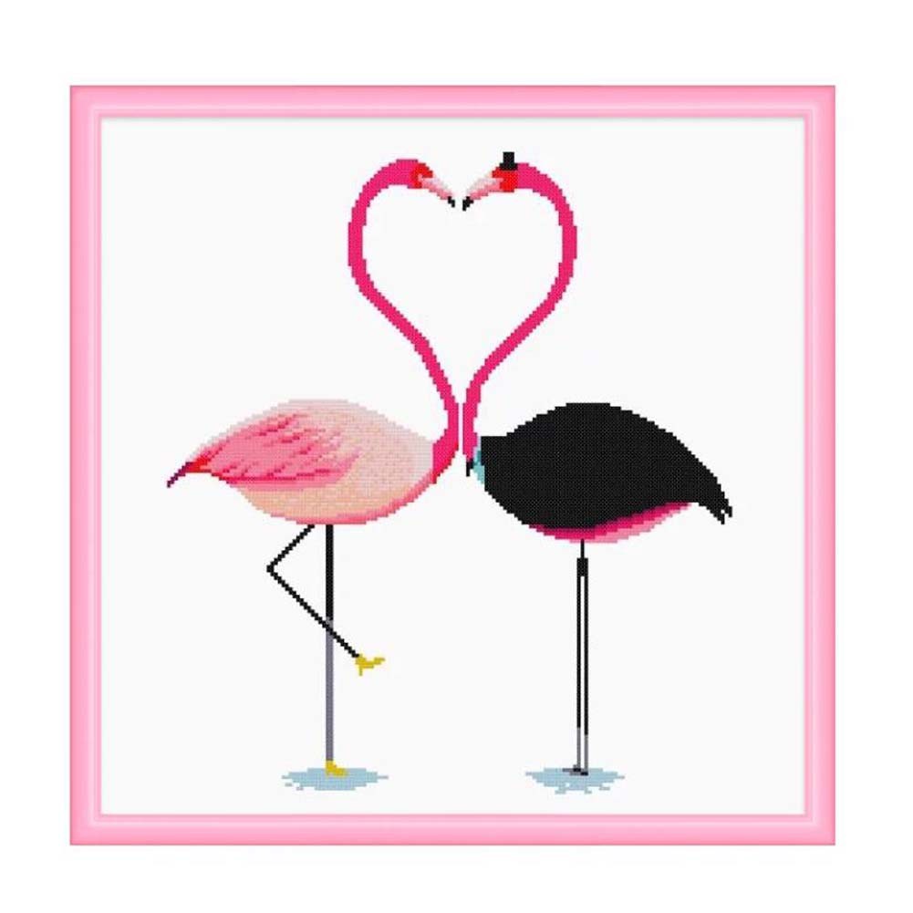 Pre-Printed Flamingos Cross-Stitching Needlepoint Embroidery Kits for Beginner Kids or Adults, 17x17 inch