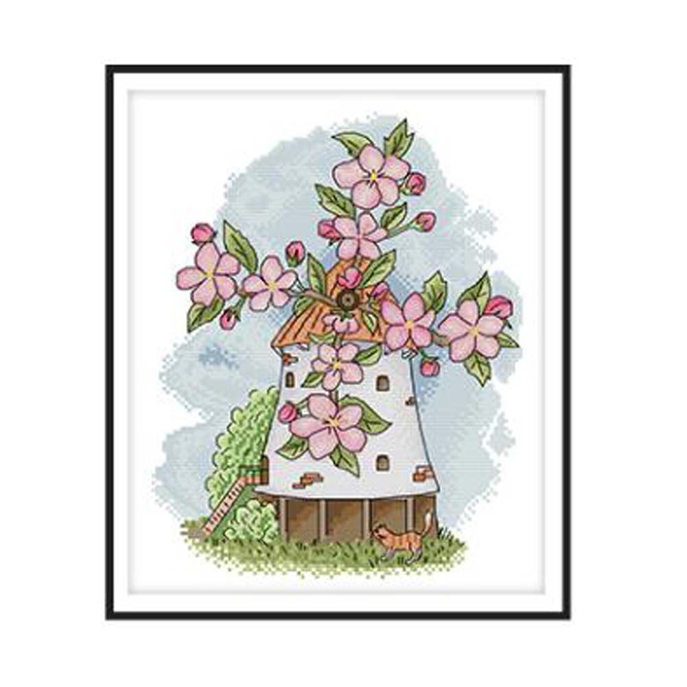 11CT Spring Flower Windmill DIY Cross Stitch Stamped Kits Pre-Printed Embroidery Wall Decor, 13x15 inch