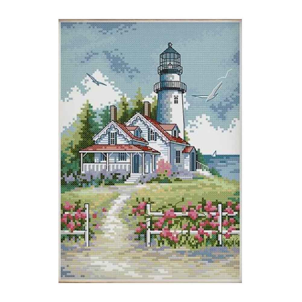 11 CT Lighthouse Counted Cross Stitch Kit for Adult DIY Landscape Embroidery, 10x15 inch