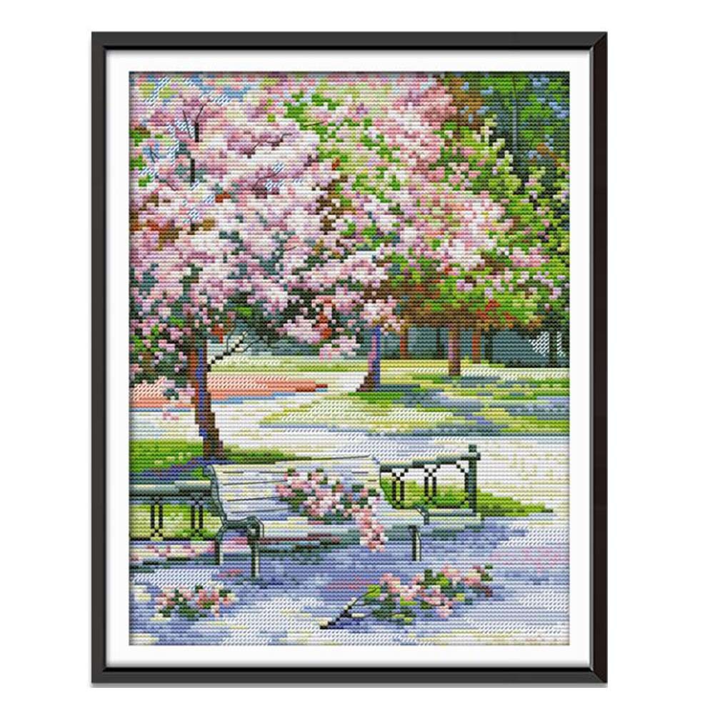 11CT Cross Stitch Kits Landscape Counted Cross Stitch DIY Embroidery Kits Under the Sakura, 13x16 Inch