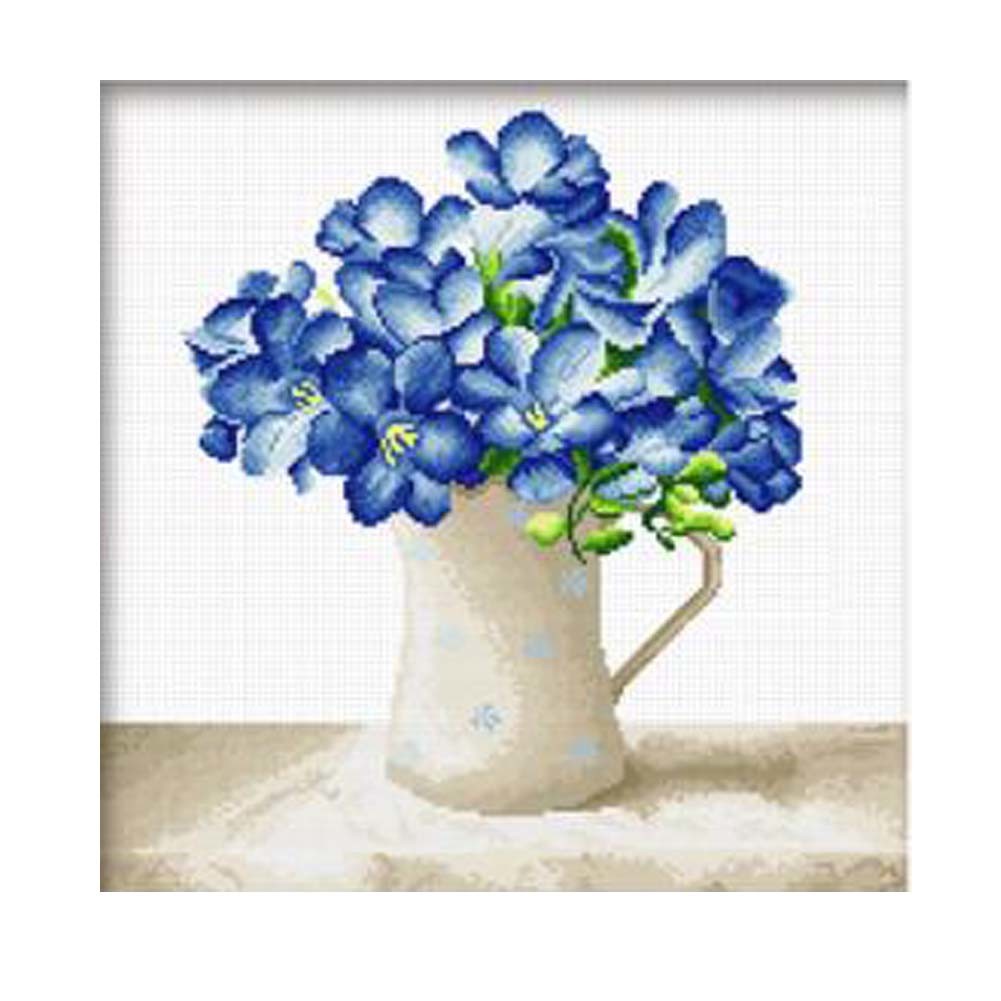 11CT Stamped Counted Cross Stitch Kits Preprinted Embroidery Kits for Adults, Blue Flowers in Vase 19x19 inch