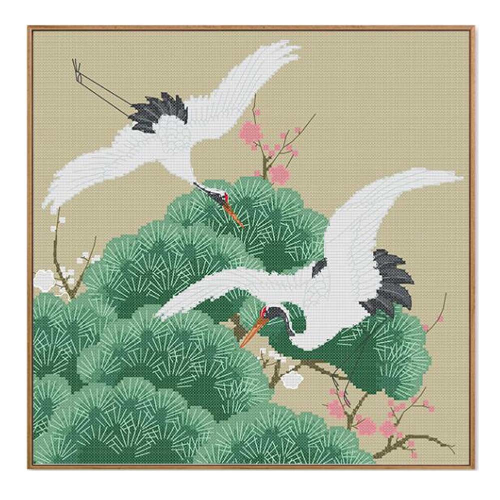 11CT Cross Stitch Kits DIY Chinese Style Embroidery Kits Crane Pine Trees Wish You Longevity and Healthy, 13x16 Inch