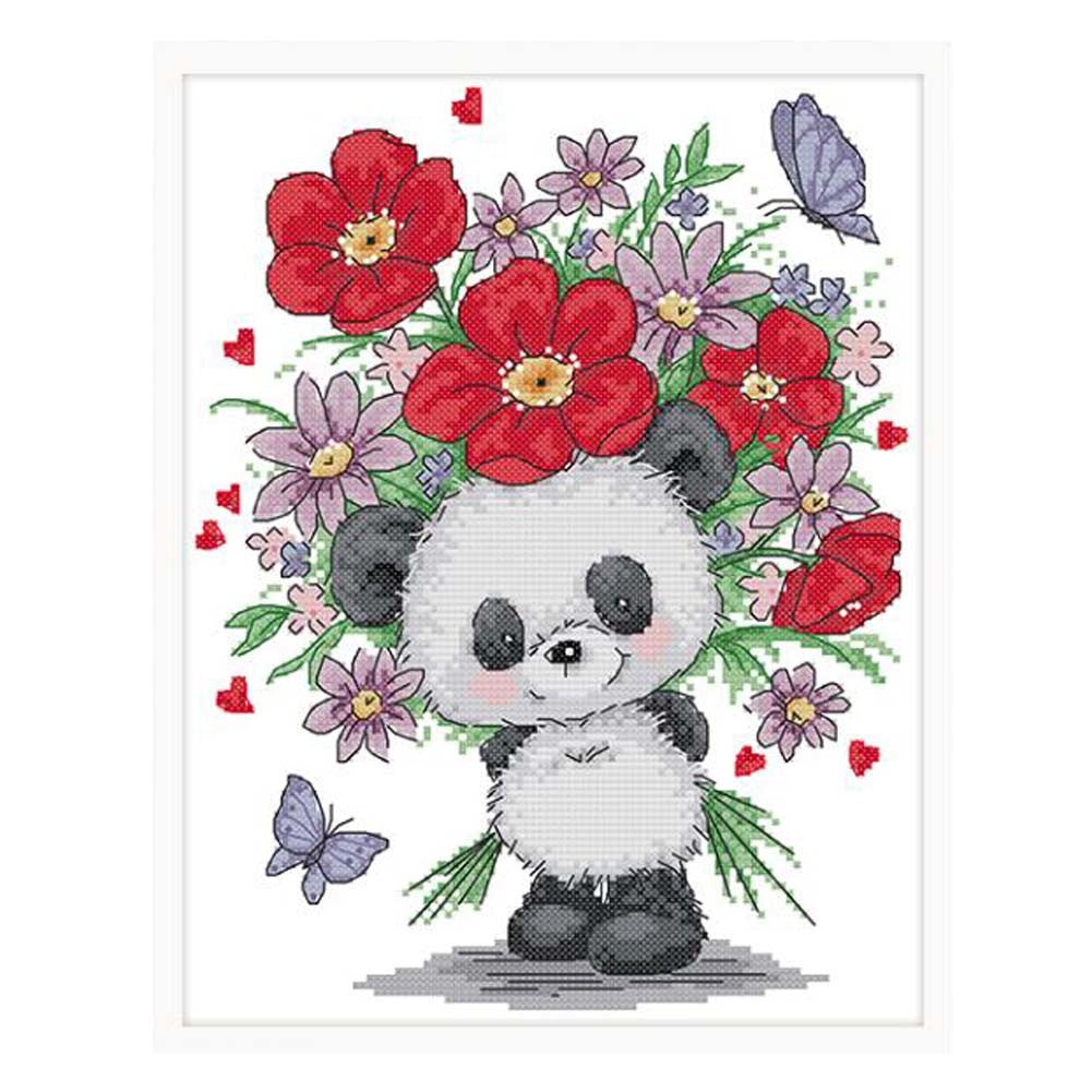 11CT Stamped Cross Stitch Kits Panda and Flowers Bedroom Living Room Decor DIY Embroidery Kits, 13x16inch