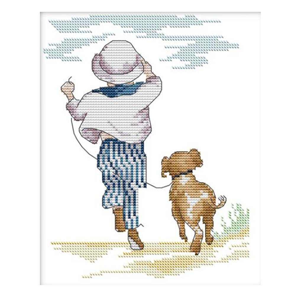 11CT Stamped Cross Stitch Kits DIY Embroidery Kits Needlework Boy and Dog Home Decor Arts Crafts, 10x13inch