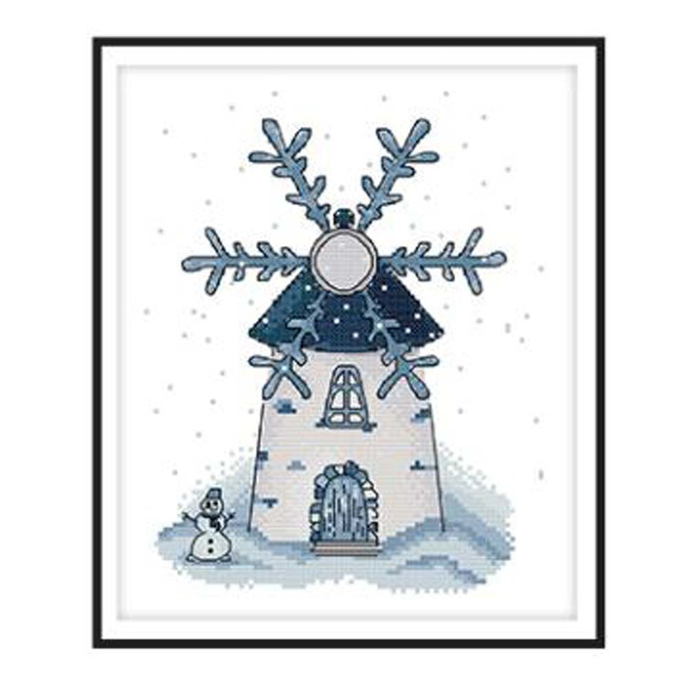 11CT Winter Snow Windmill DIY Cross Stitch Stamped Kits Pre-Printed Embroidery Wall Decor, 10x13 inch