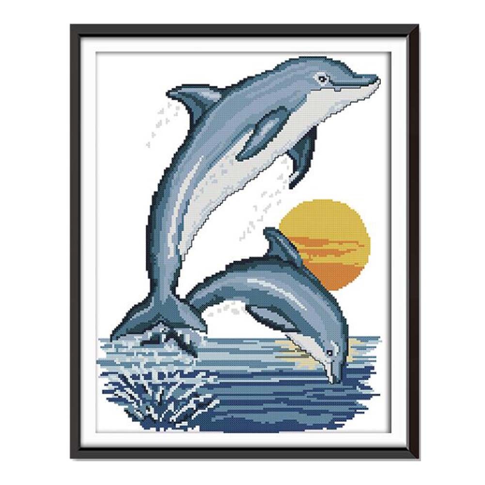 11 CT DIY Pre-Printed Cross Stitch Kits Blue Dolphin Embroidery Crafts Hallway Living Room Decor,17x21 inch