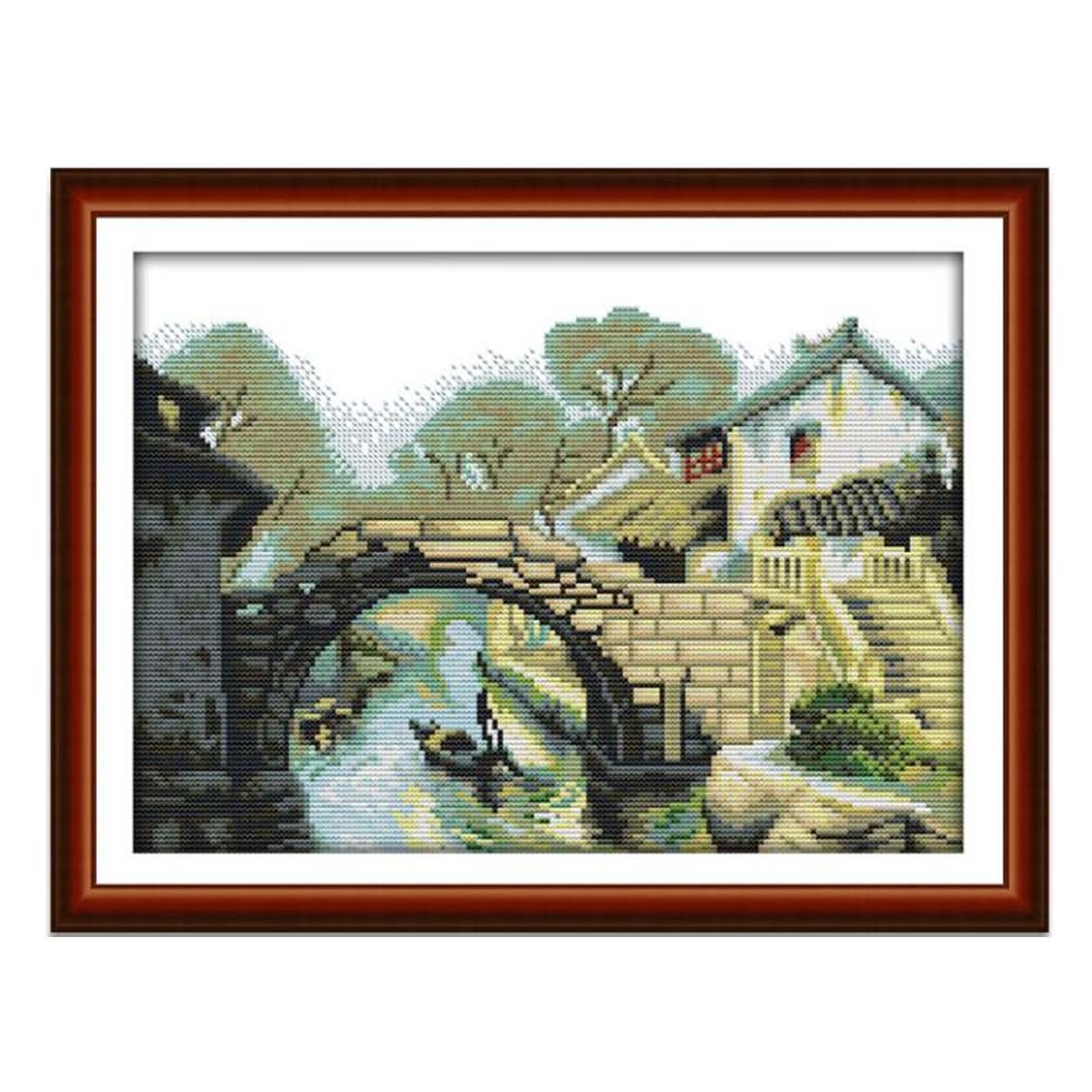 11 CT Chinese Style DIY Pre-Printed Cross Stitch Kits Jiangnan Watertown Embroidery Crafts Needlepoint Kit,18x14 inch