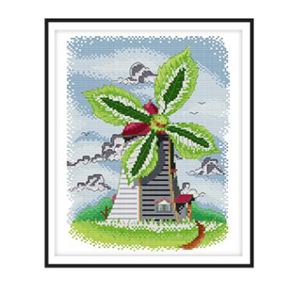 11CT Summer Leaves Windmill DIY Cross Stitch Stamped Kits Pre-Printed Embroidery Wall Decor, 12x15 inch