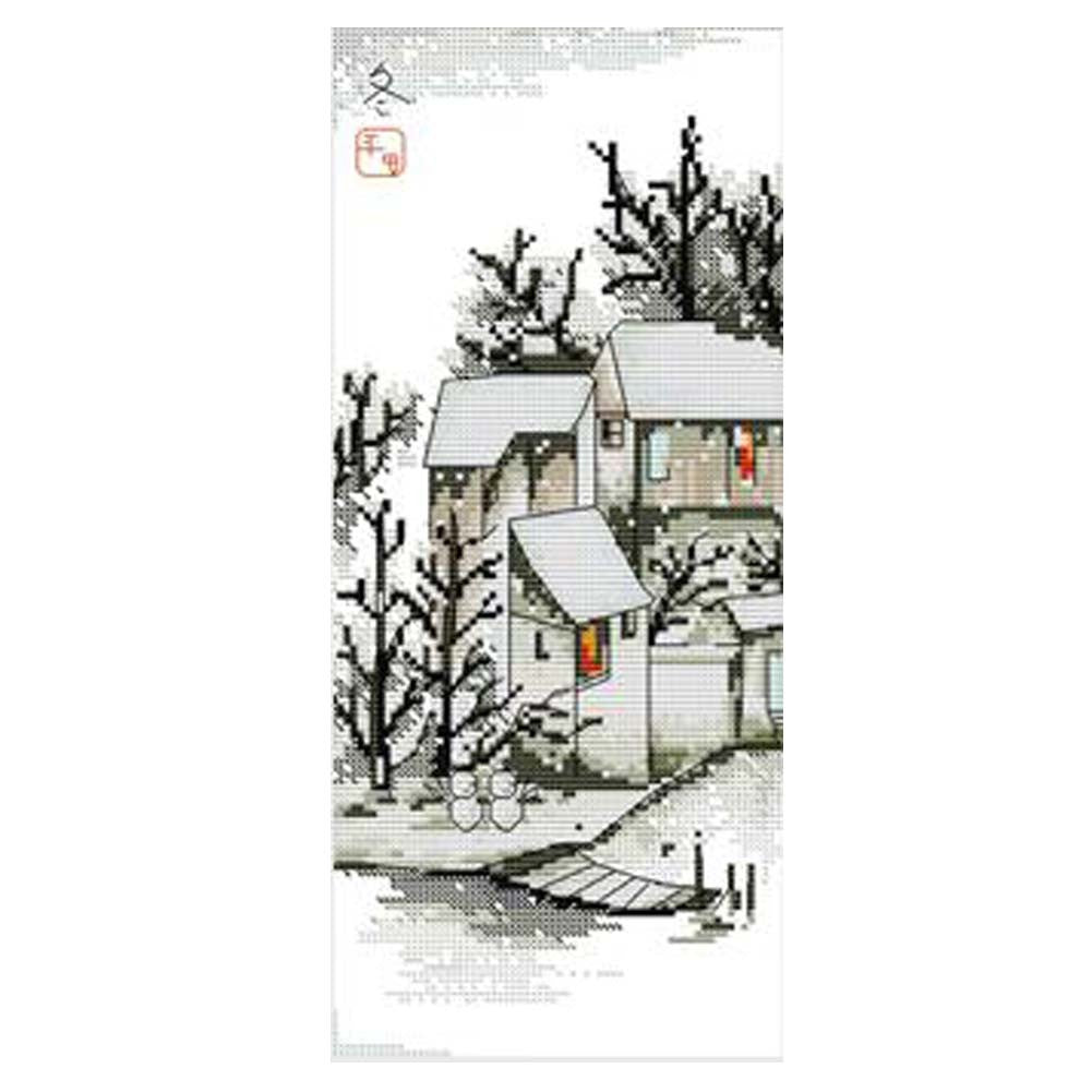 11CT Chinese Style Counted Cross Stitch Landscape Embroidery Kits DIY Needlework Ancient Watertown in Winter, 9x18 inch